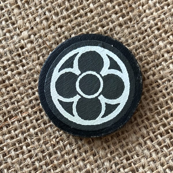 Medieval style wooden brooch with quadrafoil black and white pattern ideal gift