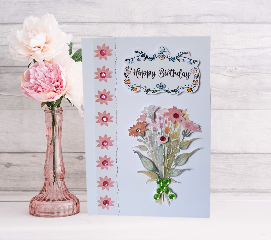 Handmade Floral Birthday Card with a 3d Decoupage Design & Added Gems & Glitter 