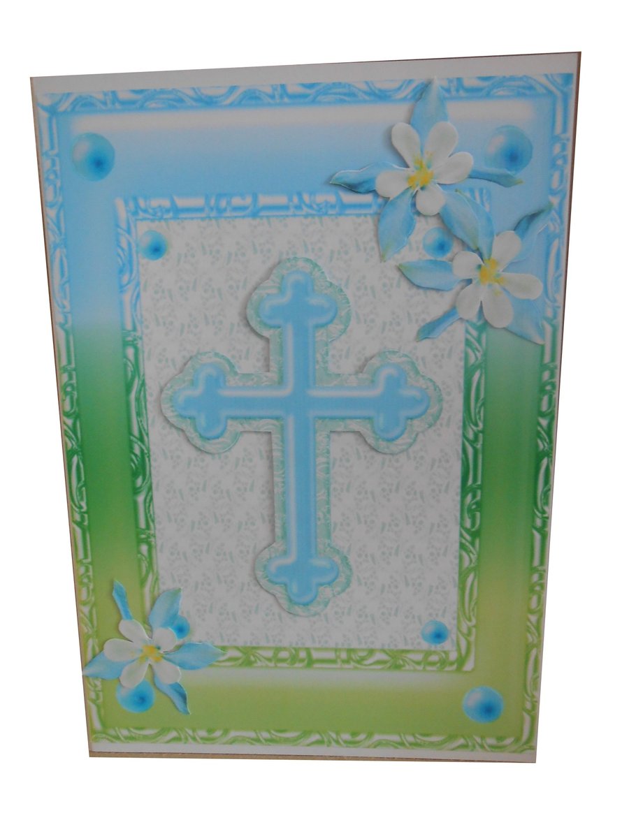 3D Blue Cross in frame - Christening, Baptism, Holy Communion, Confirmation