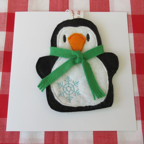 Penguin with Green Scarf , Hanging Decoration, Keepsake Christmas  Card