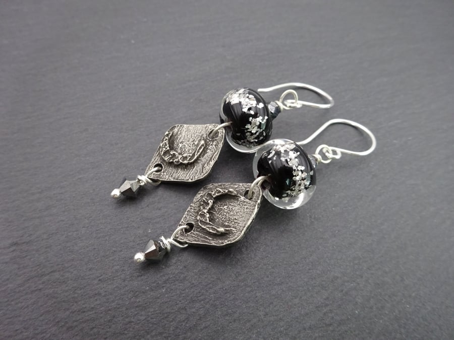 black lampwork glass silver moon earrings