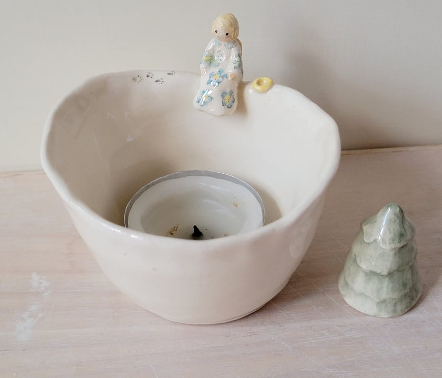 Ceramic handmade tealight Christmas , angel & footprints pottery candle holder 