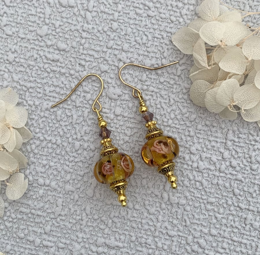 Vintage Style Amber Glass Drop Earrings