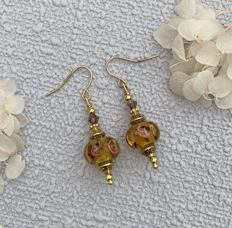 Vintage Style Amber Glass Drop Earrings