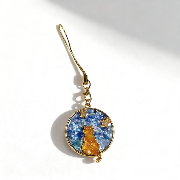 Night Sky Cat Shell Resin Phone Charm with Blue Mosaic Pendant 