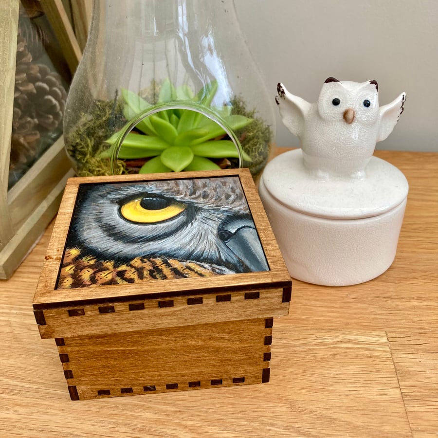 Eagle owl wooden trinket box 