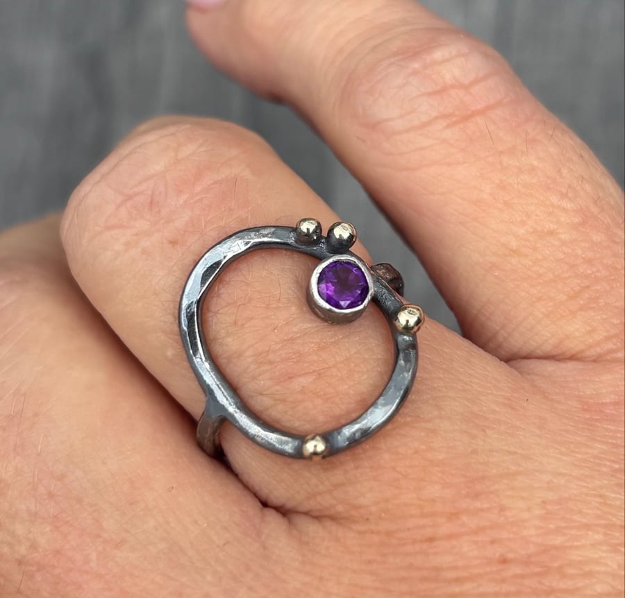Amethyst Rock Pool Ring, circle ring, gift for her, oxidised ring, amethyst ring