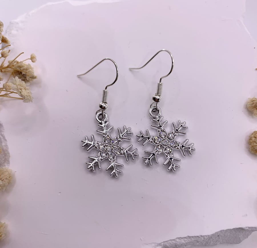 Silver Zirconia Snowflake Christmas Drop Earrings