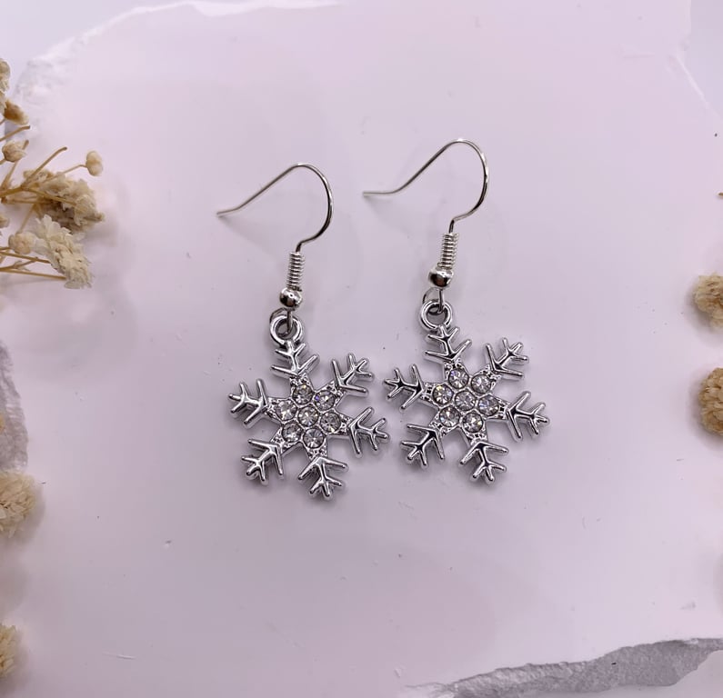 Silver Zirconia Snowflake Christmas Drop Earrings