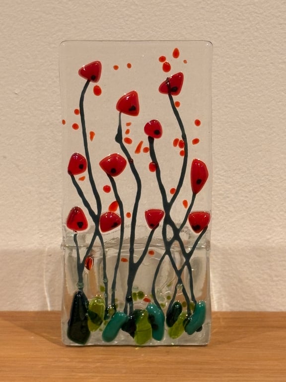 Fused Glass Tea Light Holder - Red Poppies