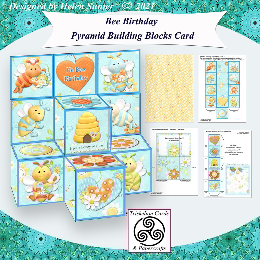 Printable Bee Birthday Pyramid Building Blocks Digital Card Making Kit with Inst