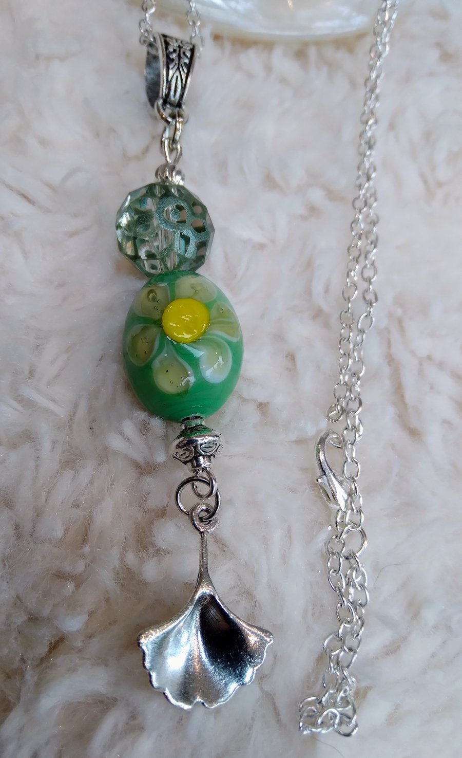 Hand-made LAMPWORK bead with Tibetan Silver GINGKO LEAF charm NECKLACE