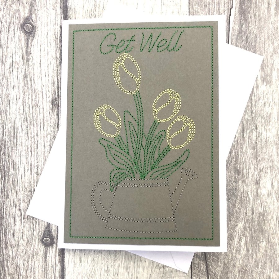 Get Well - Tulips in Watering can 5x7  White Card Handmade Embroidered