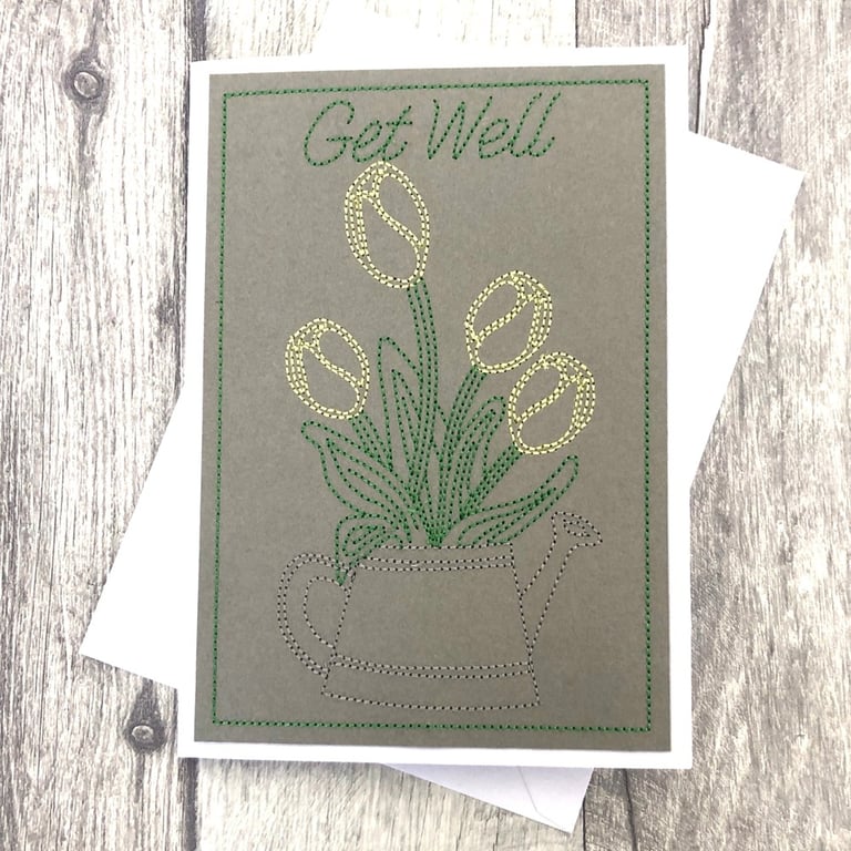 Get Well - Tulips in Watering can 5x7  White Card Handmade Embroidered