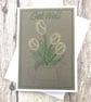 Get Well - Tulips in Watering can 5x7  White Card Handmade Embroidered - Image 1