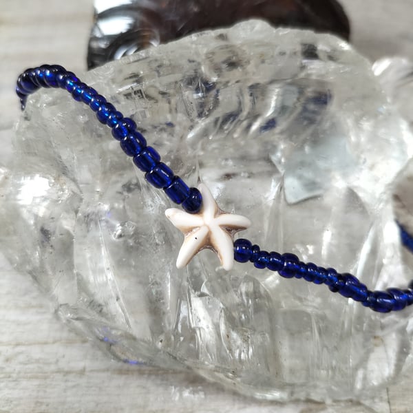 AL45 Blue beaded anklet with starfish