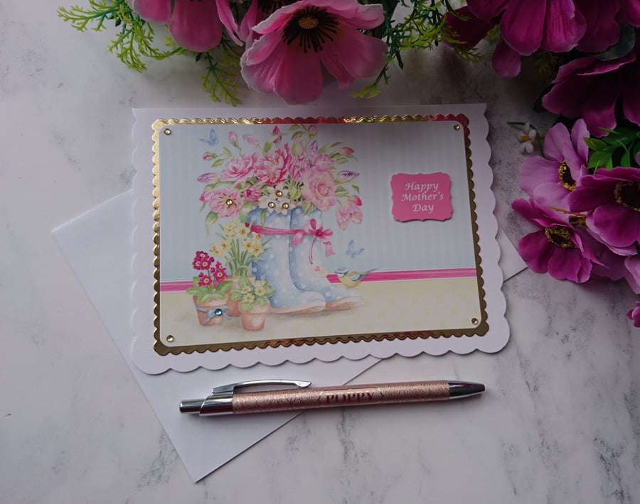 Happy Mother's Day Flowers Gardening Wellington Boots 3D Luxury Handmade Card