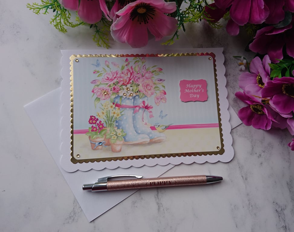 Happy Mother's Day Flowers Gardening Wellington Boots 3D Luxury Handmade Card