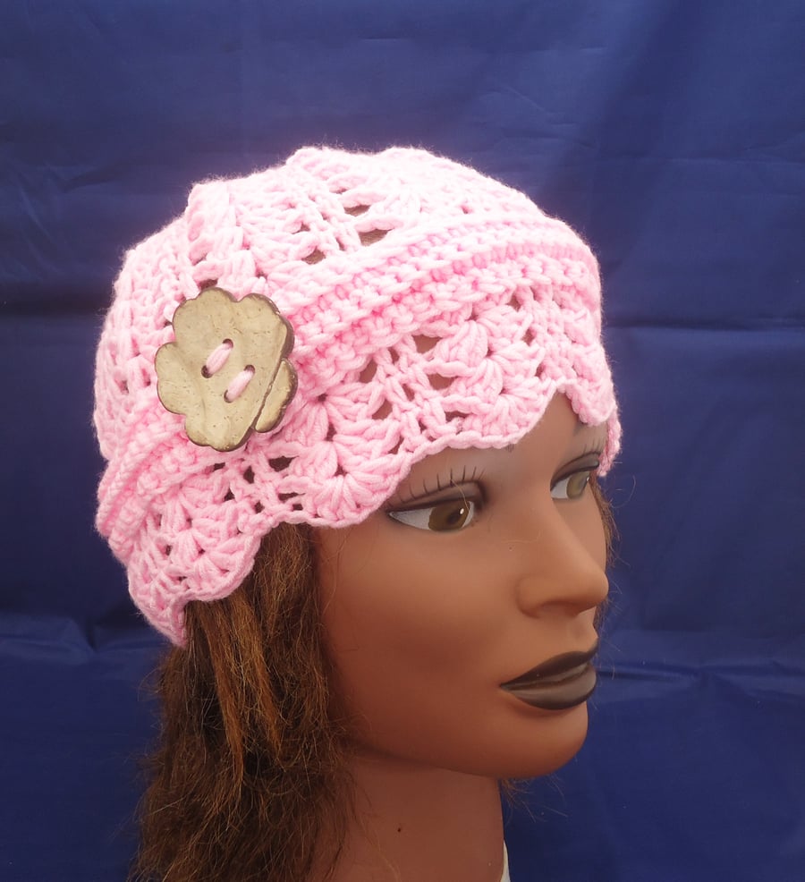 Crochet Hat, Crochet Ladies Hat, Vintage Style Lace Crochet Hat in Pink