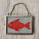 Miniature Coral Orange Framed Fish Embroidery