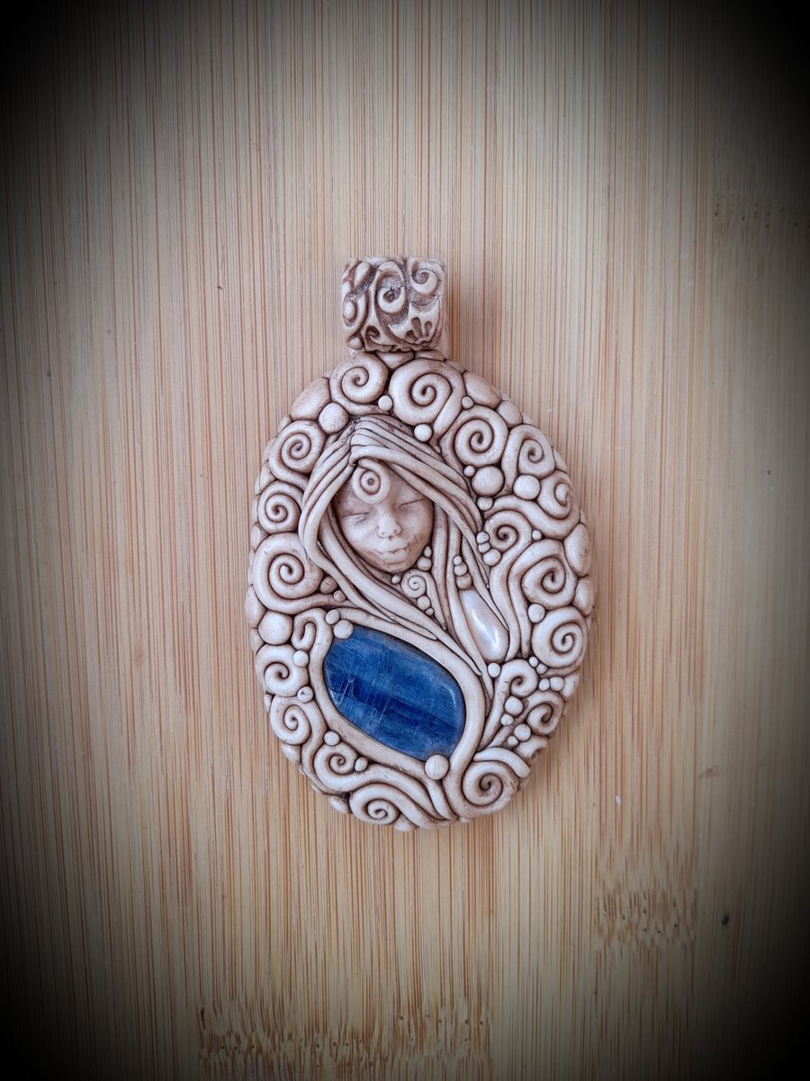 Blue Kyanite with Mother of Pearl and Polymer Clay Goddess Pendant 