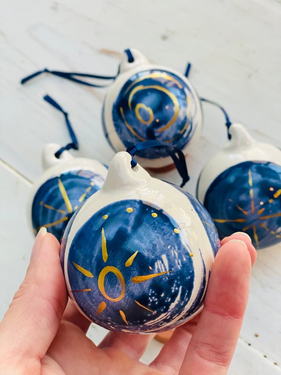 Sunburst Blue and Gold ceramic bauble
