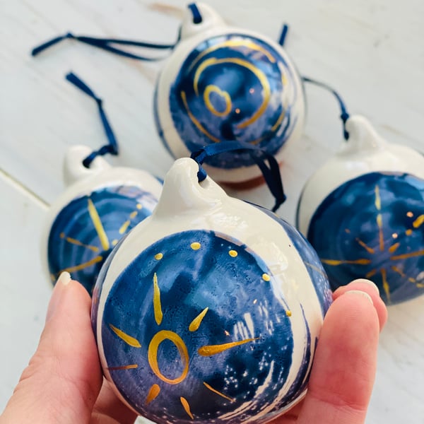 Sunburst Blue and Gold ceramic bauble