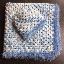 Hand Crochet Baby Boy Blanket and Matching Hat Blue Beige Luxury Handmade