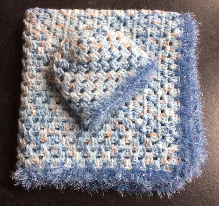 Hand Crochet Baby Boy Blanket and Matching Hat Blue Beige Luxury Handmade