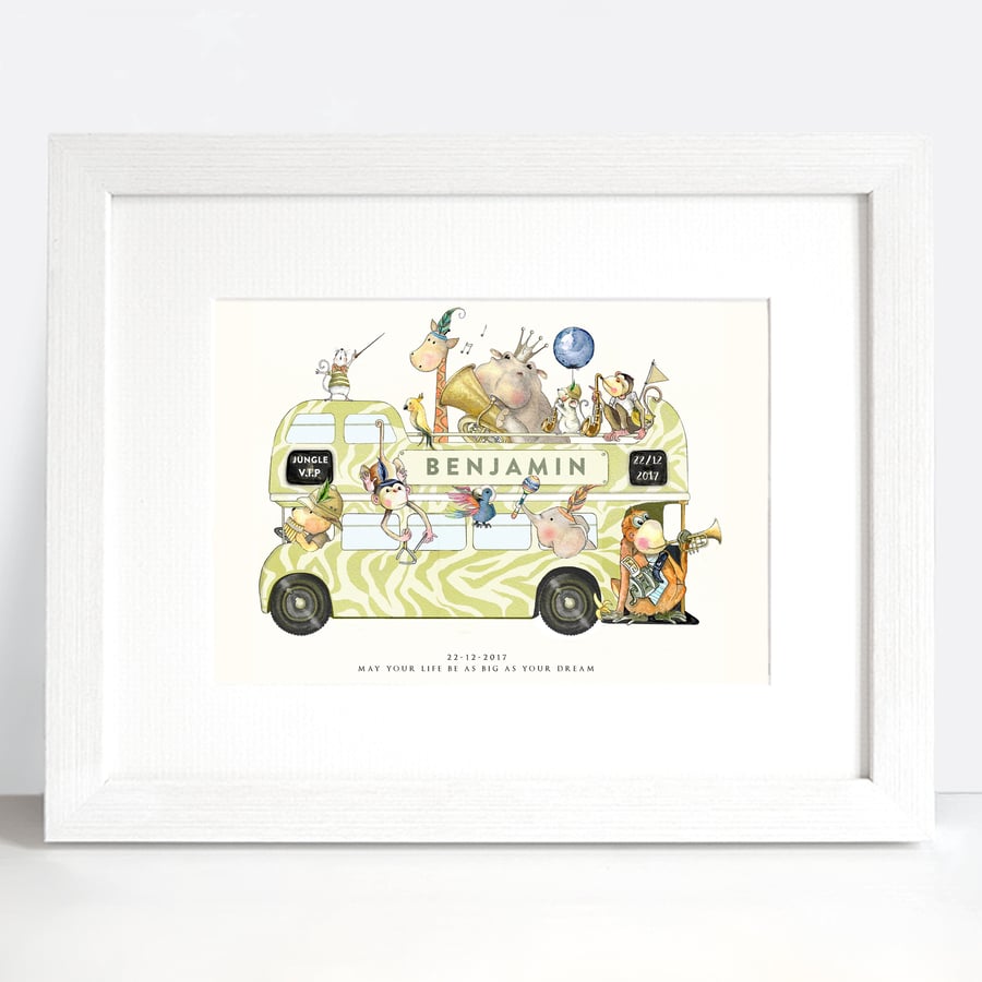 Safari nursery art print "A Jungle Jamboree" - Safari Bus nursery birth details 