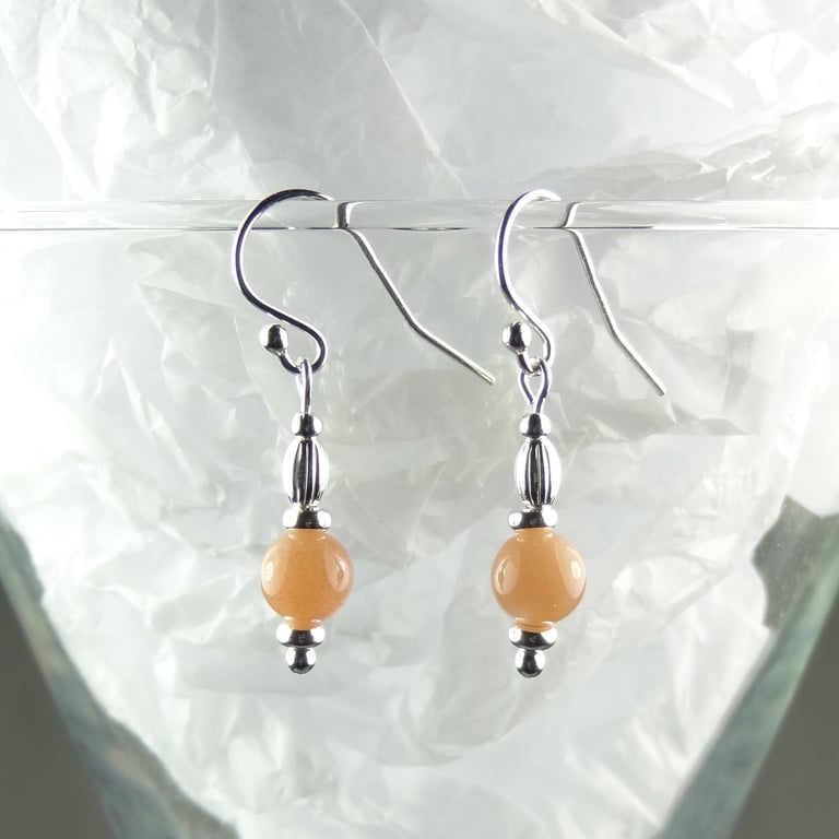 Peach Moonstone natural stone drop dangle earrings, sterling silver, 6mm