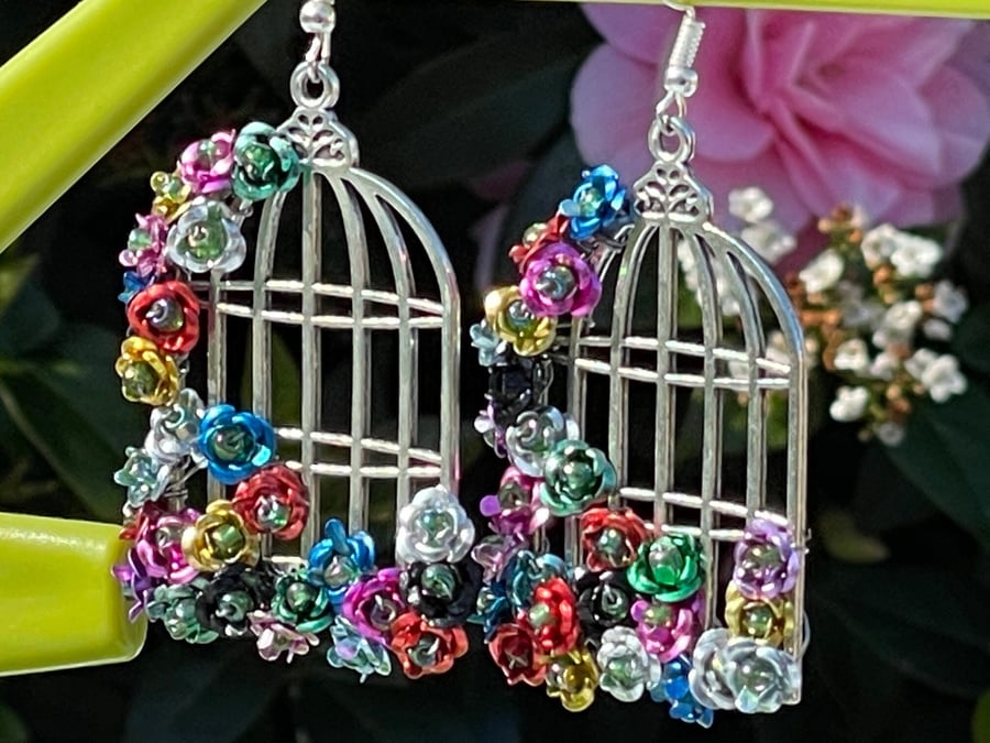 MEXICAN BIRDCAGE earrings FLORAL mexican style flower silver plate rainbow 