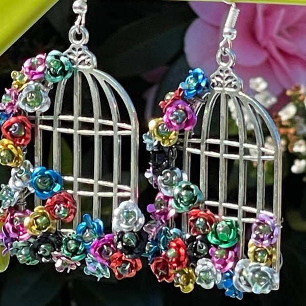 MEXICAN BIRDCAGE earrings FLORAL mexican style flower silver plate rainbow 