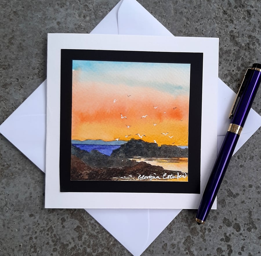 Handpainted Blank Card. Gannet Sunset. The Card That's Also A Keepsake