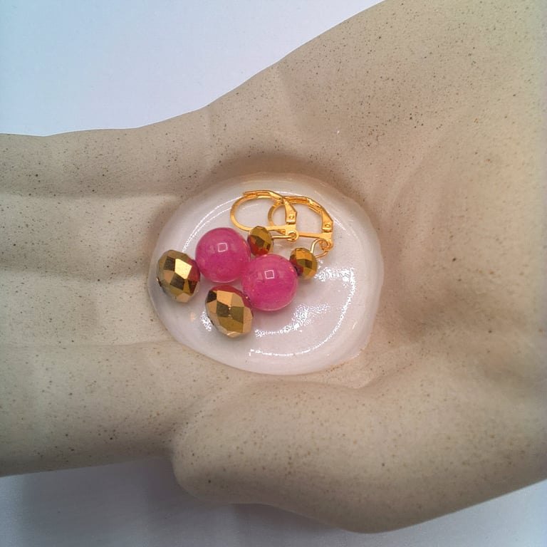 Fuchsia Glass Bead and Gold Crystal Earrings, Hot Pink Earrings, Earrings 