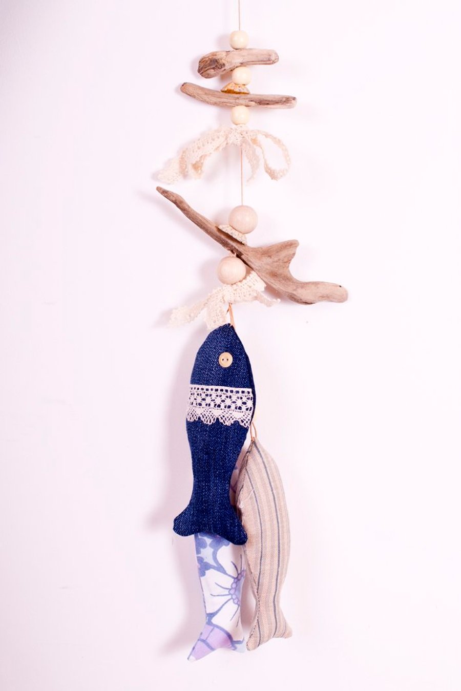 Cornish Driftwood and Upcycled Denim Fish Hanging - Lace Accents
