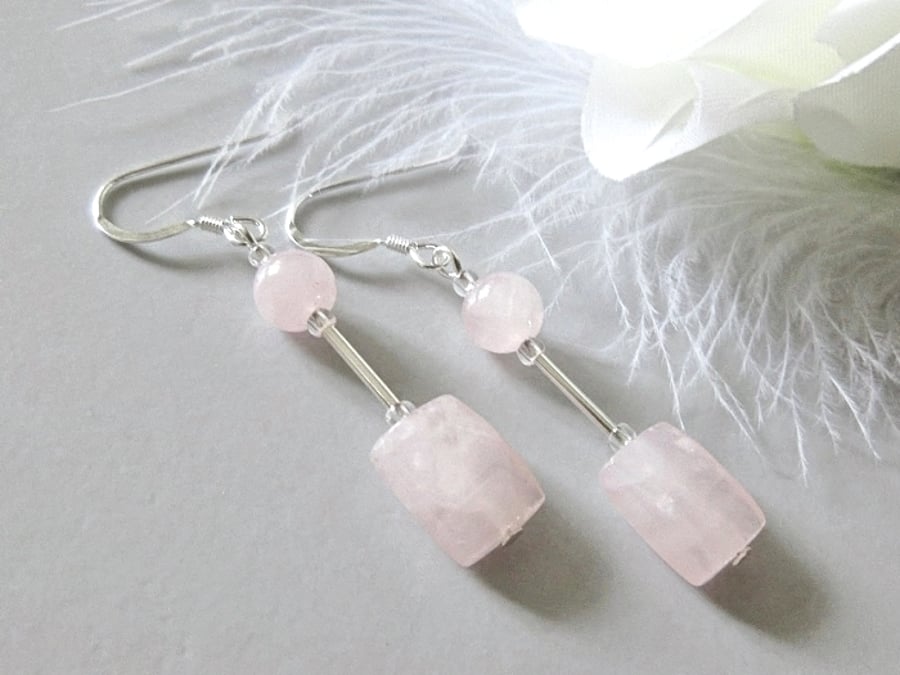 Faceted Rose Quartz Oblong Earrings With Sterling Silver