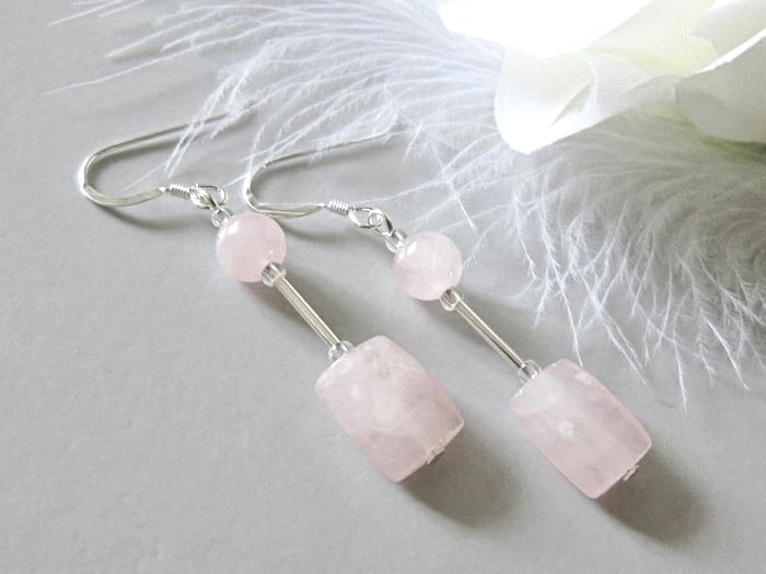 Faceted Rose Quartz Oblong Dangly Earrings With Sterling Silver