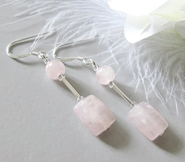 Faceted Rose Quartz Oblong Earrings With Sterling Silver