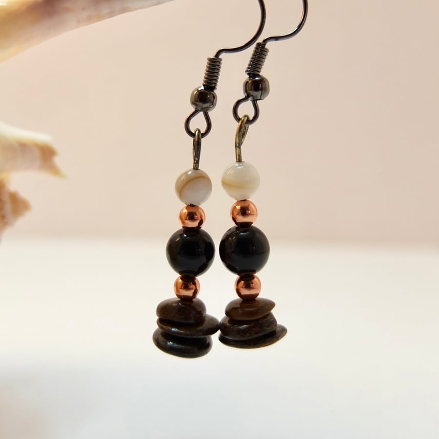 Bronzite, Obsidian, Shell And Copper Earrings - Seconds Sunday