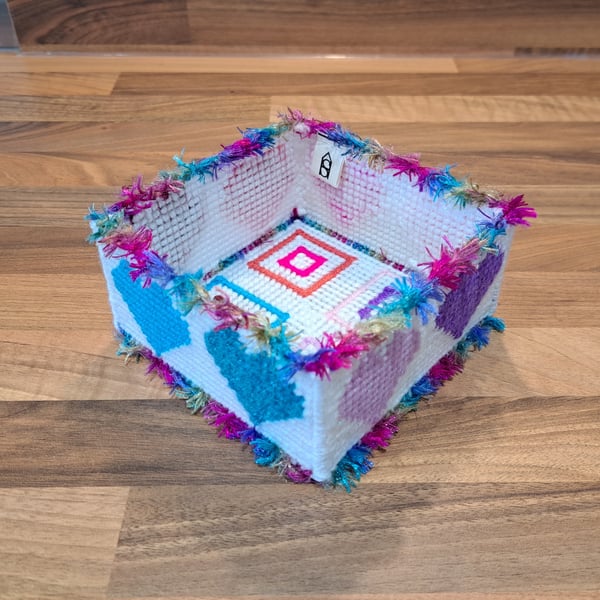Container for desk items - multicoloured hearts and furry rainbow edging