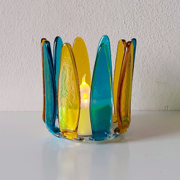 Fused glass tea light or candle holder - flower petal design