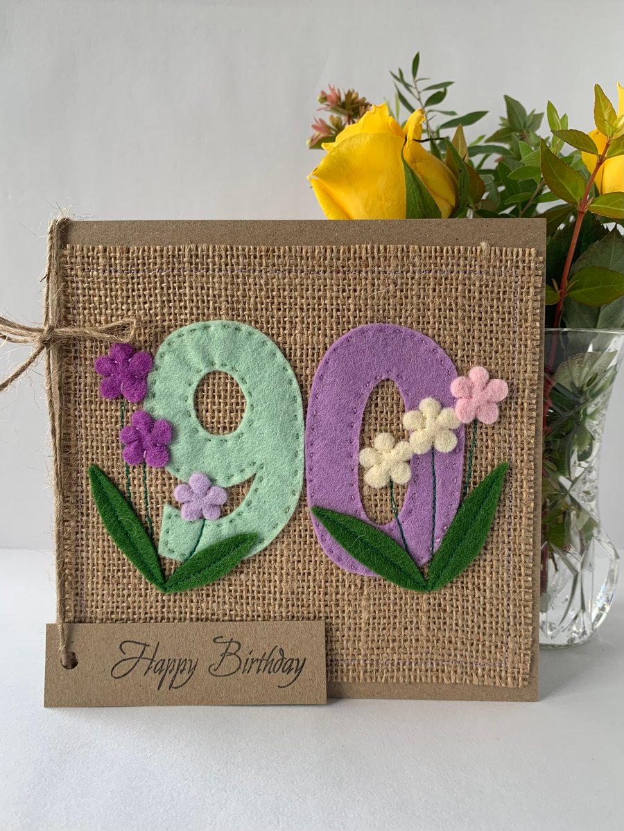 Handmade 90th Birthday Card from felt. Keepsake Card. Textile card.