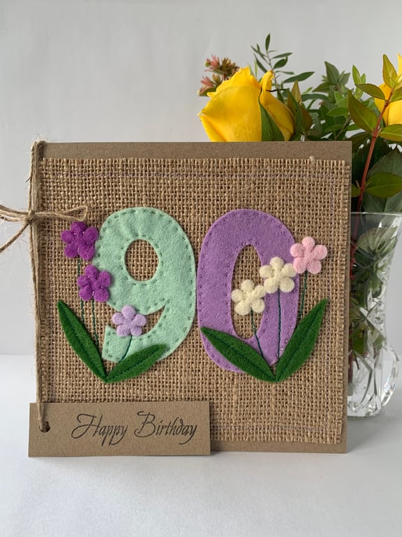Handmade 90th Birthday Card from felt. Keepsake Card. Textile card.