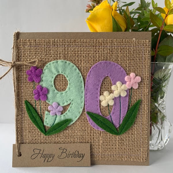 Handmade 90th Birthday Card from felt. Keepsake Card. Textile card.