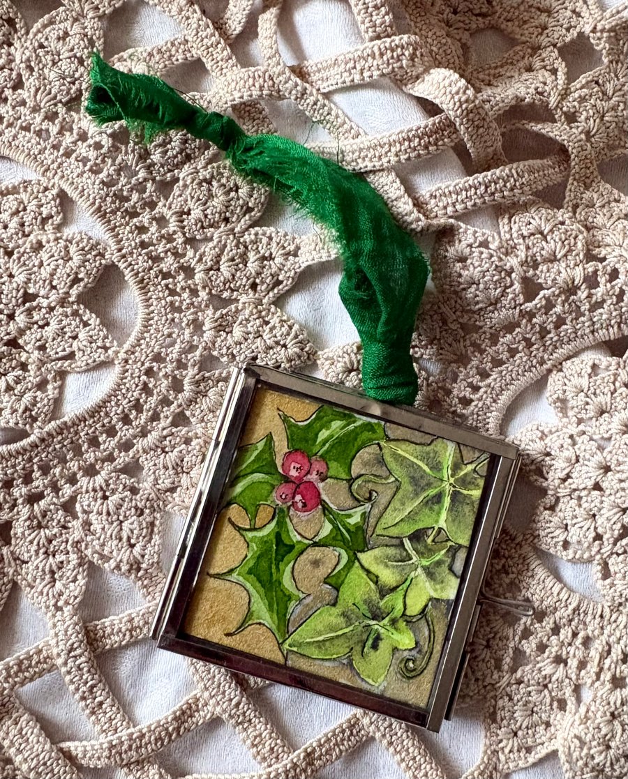 Framed 'Holly & Ivy' original miniature watercolour