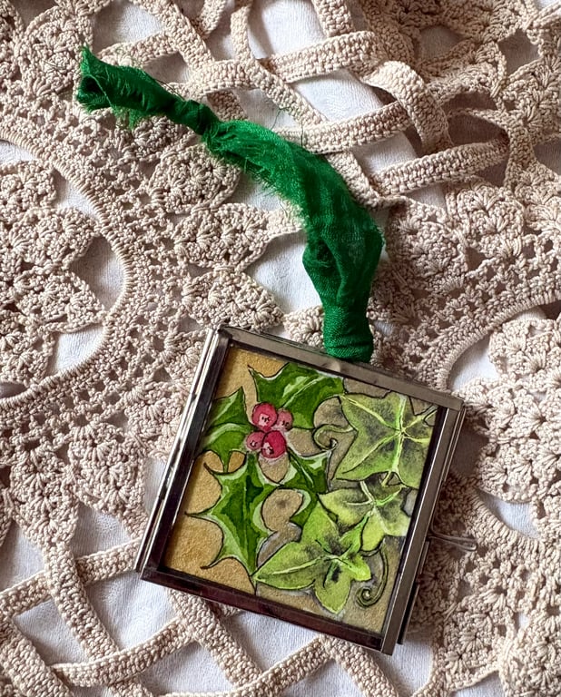 Framed 'Holly & Ivy' original miniature watercolour