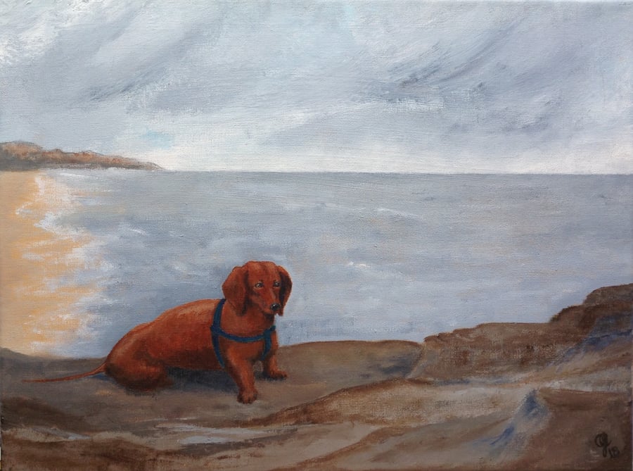 Original acrylic painting  "Dachshund on the Rocks"