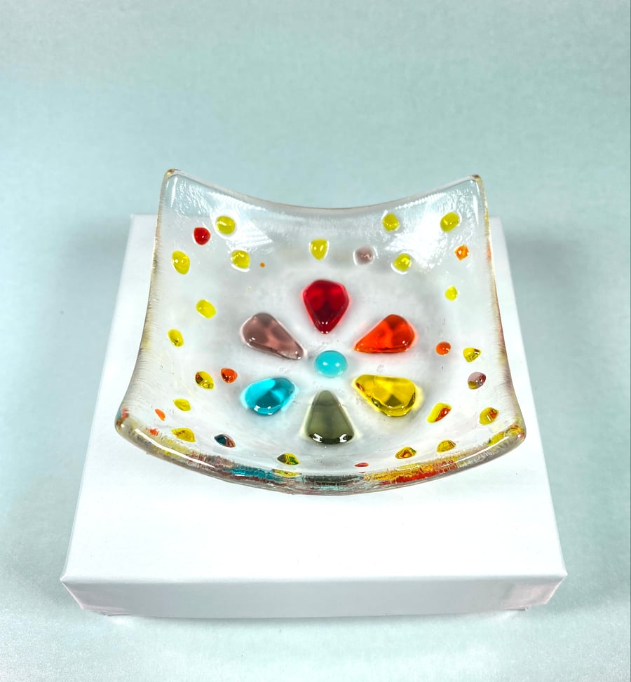  Pretty rainbow flower trinket dish - fused glass dish 