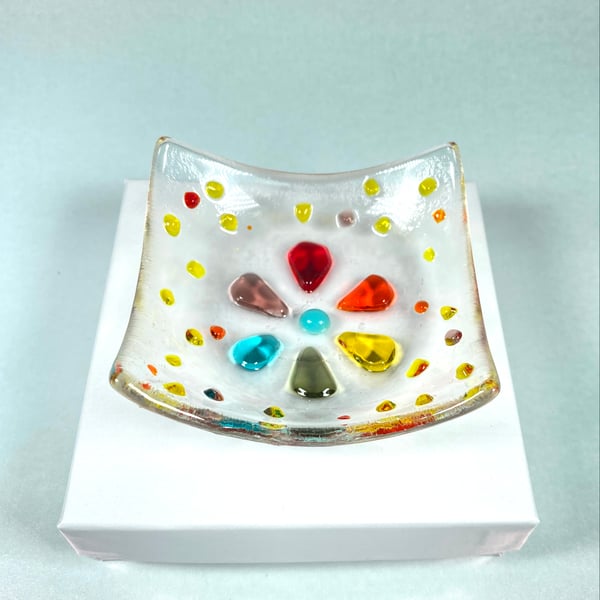  Pretty rainbow flower trinket dish - fused glass dish 